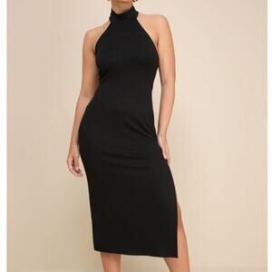 Lulus NWOT Simply Enchanted Black Butter Soft Halter Bodycon Midi Dress Large